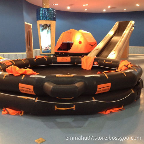 Both sides of reversible inflatable life raft with cradle for inland river